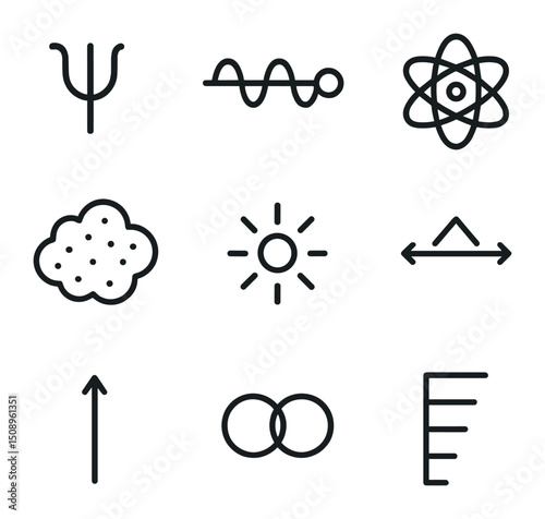 Quantum Mechanics Icons. Outline icon set of quantum mechanics: wavefunction psi, particle-wave duality, electron orbital,