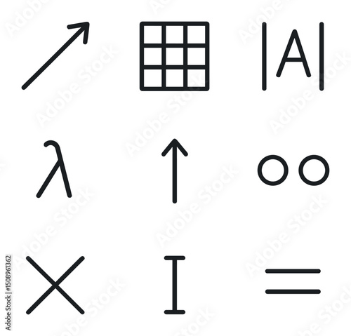 Linear Algebra Icons. Outline icon set of linear algebra elements: vector arrow, matrix grid, determinant |A|, eigenvalue λ, basis
