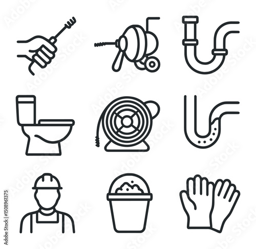 Plumbing Tools Icons. Outline icon set of drain snaking: hand auger, motorized drum, sink drain, toilet drain, cable reel, clog