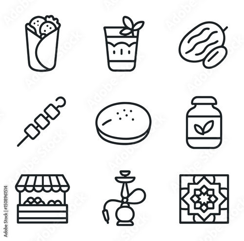Local Culture Icons. Outline icon set of local culture & cuisine: falafel wrap, mint tea glass, date fruit, kebab skewer, pita