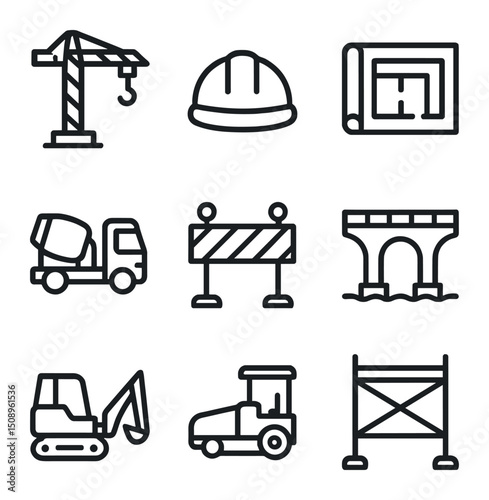 Rebuilding Infrastructure Icons. Outline icon set of infrastructure rebuilding: construction crane, hard hat, blueprint, concrete