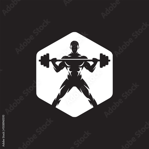 Silhouette of a muscular man lifting a barbell inside a white hexagon on a black background image