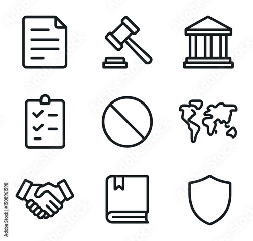 Policy Icon Set. Outline icon set of policy and legislation tools: law document, gavel, government building, ban stamp, compliance