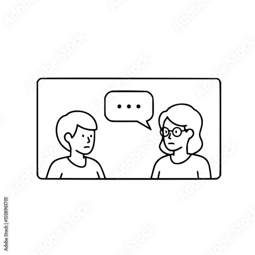 Two people having a conversation, line art illustration, monochrome, for communication concepts