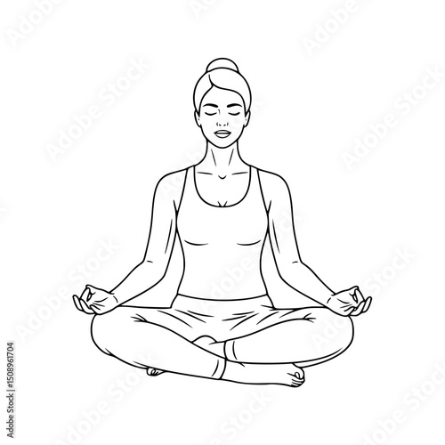 Woman meditating in lotus pose, line art illustration, for wellness websites