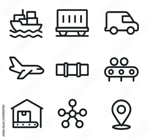 Logistics Channel Icons. Outline icon set of distribution logistics channels: cargo ship, freight train, delivery van, air cargo