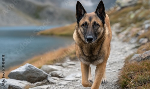 Majestic dog strides lakeside mountain path
