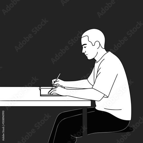 Man sketching at a table, monochrome illustration, for design projects