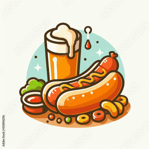 Cartoon hotdog with mustard glass of beer side dish garnish over a round blue spot on a white background