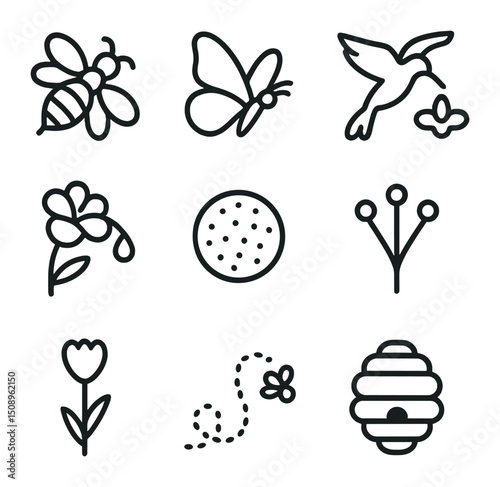 Pollinators Icon Set. Outline icon set of pollinators and flowering plants: bee, butterfly, hummingbird, flower nectar, pollen