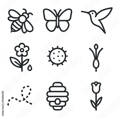 Pollinators Icon Set. Outline icon set of pollinators and flowering plants: bee, butterfly, hummingbird, flower nectar, pollen