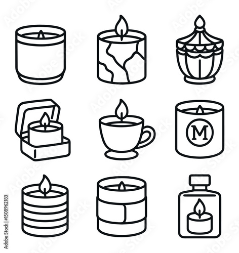 Luxury Candle Icons. Outline icon set of luxury candle designs: gold-rimmed jar, marble vessel, crystal lid, velvet box, porcelain