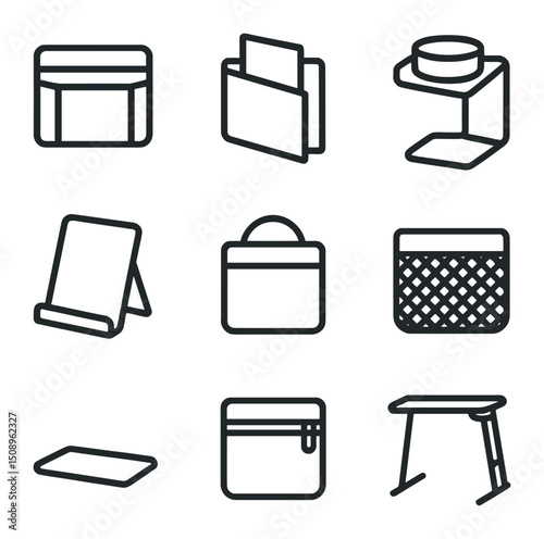 Portable Table Icon Set. Outline icon set of portable side table caddy: fabric pocket, magazine slot, cup holder, tablet stand,