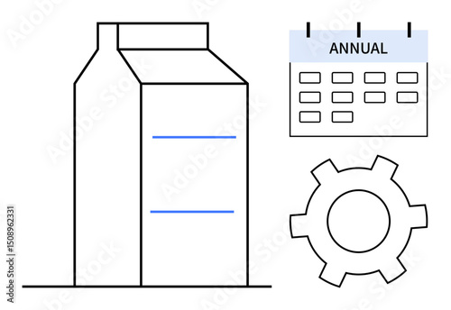 Factory structure, gear mechanism, and annual calendar symbolizing production scheduling, planning, and industry-focused workflows. Ideal for management, industry, organization, system optimization