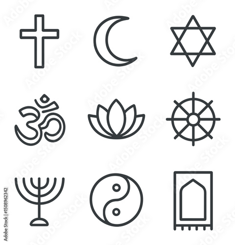 Religious Symbol Icons. Outline icon set of religious symbols: cross, crescent, star of david, om symbol, lotus flower, dharma
