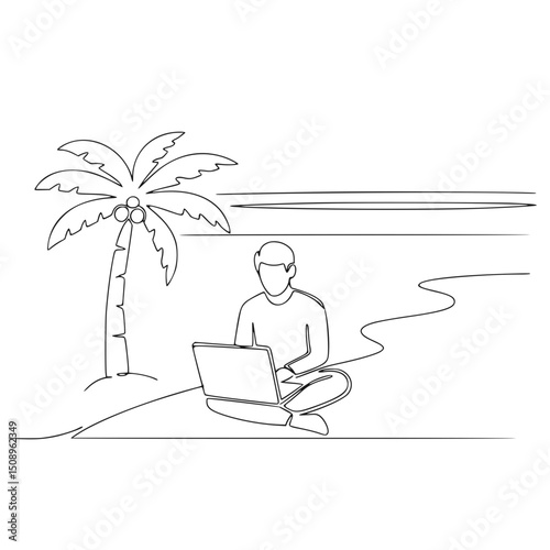 Freelance person working on laptop at beach, with copy space