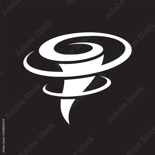 A white tornado graphic with swirling lines on a black background in a minimalist style design art