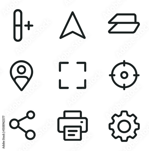 Map Control Icons. Outline icon set of map controls: zoom slider, compass arrow, layer switcher, street view icon, full-screen