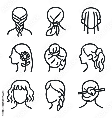 Summer Hair Icons. Outline icon set of summer-ready hair looks: fishtail braid, silk scarf wrap,