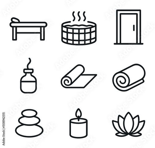 Resort Spa Icons. Outline icon set of resort spa facilities: massage table, hot tub, sauna door, aromatherapy bottle, yoga mat,