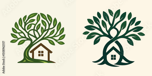 Explore these intricate logos featuring trees and houses, symbolizing growth, sustainability, and eco-friendliness. Perfect for green businesses.