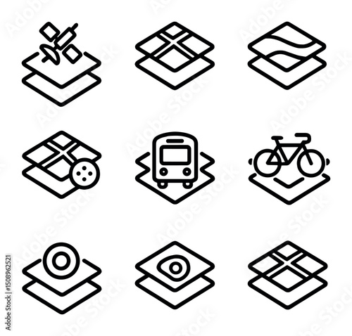 Map Layer Icons. Outline icon set of map layers: satellite layer, street layer, terrain layer, traffic layer, transit layer,