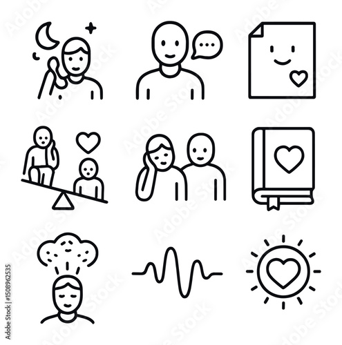 Support Icons Set. Outline icon set of supporting through tough times: late night call, patient