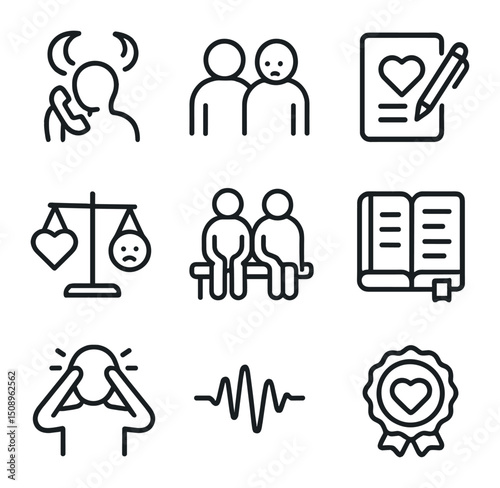 Support Icons Set. Outline icon set of supporting through tough times: late night call, patient