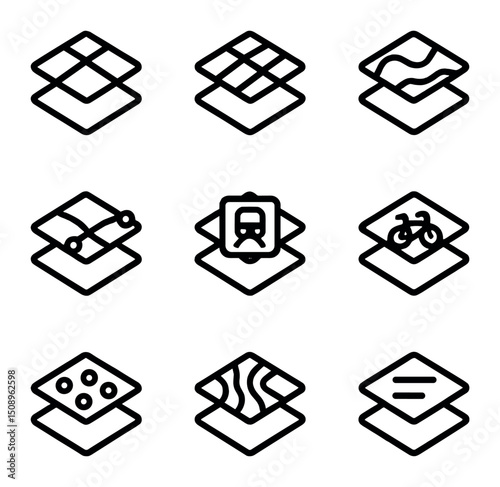 Map Layer Icons. Outline icon set of map layers: satellite layer, street layer, terrain layer, traffic layer, transit layer,
