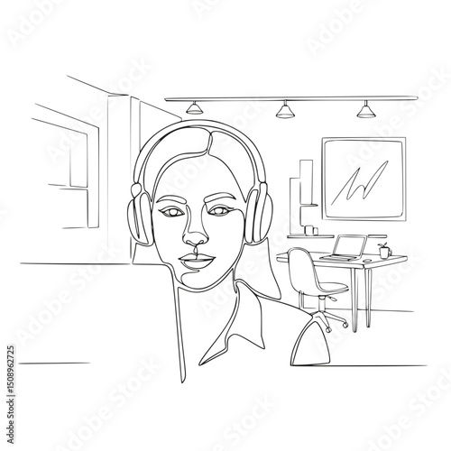 Woman in headphones, working from home office, line art style, for websites and blogs