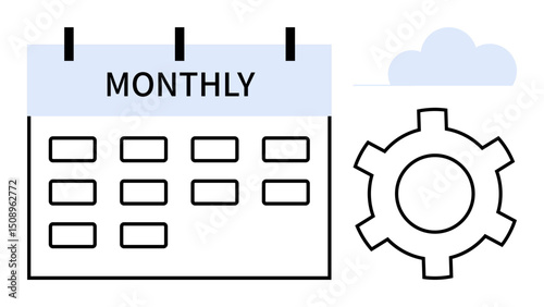 Calendar with monthly layout, gear, and cloud highlighting schedule, tasks, and productivity. Ideal for workflow, planning, time management, organization digital productivity automation simple