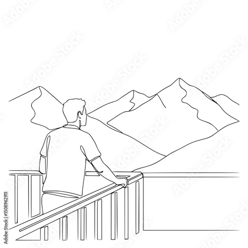Man admiring mountain view from balcony, for travel blogs