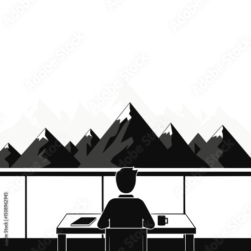 Man at desk contemplating mountain view,