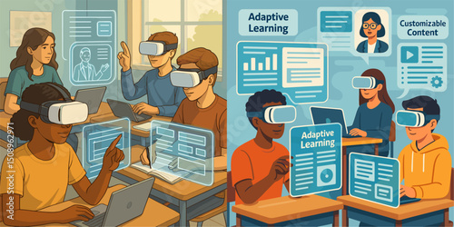 Explore the future of education with students engaged in a classroom utilizing virtual reality technology. Features adaptive learning tools and customizable content to enhance education.