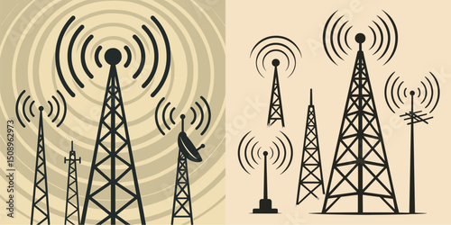 A stylized vector image featuring a collection of communication towers and signal waves, ideal for technology and communication-related themes. Perfect for digital and print use.