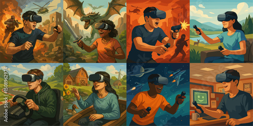 A vibrant collection of virtual reality gaming scenes showcasing diverse adventures. From battling dragons to racing cars, these illustrations capture the excitement of immersive gaming.