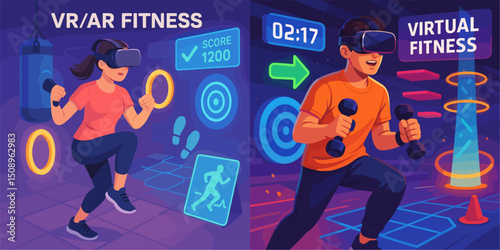 Explore the innovative world of VR/AR fitness, showcasing two individuals engaged in interactive workouts using technology. Emphasizing gamification, targets, and virtual elements.