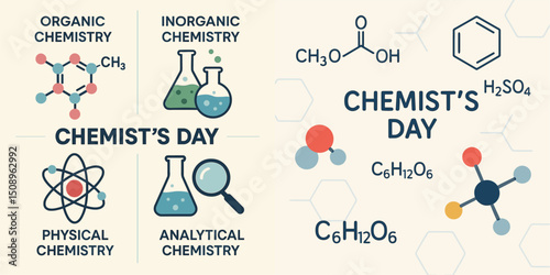 This vector image highlights various chemistry fields including organic, inorganic, physical, and analytical chemistry, celebrating Chemist's Day with engaging visuals.