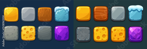 A vibrant assortment of UI texture tiles featuring various materials such as wood, stone, ice, and cheese. Perfect for casual game designs, enhancing interface aesthetics.