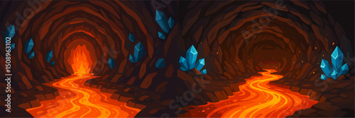 Explore this vibrant vector illustration of a lava cave featuring flowing molten lava and glowing blue crystals. Perfect for fantasy or adventure themes!