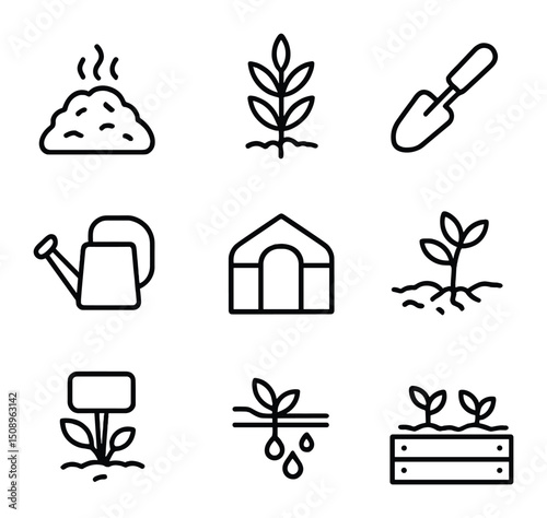 Sustainable Gardening Icons. Outline icon set of sustainable gardening: compost pile, native plant,