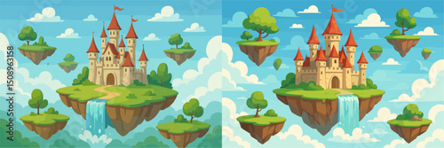 Explore a whimsical illustration of a floating castle surrounded by lush greenery, waterfalls, and fluffy clouds. Perfect for fantasy-themed projects.