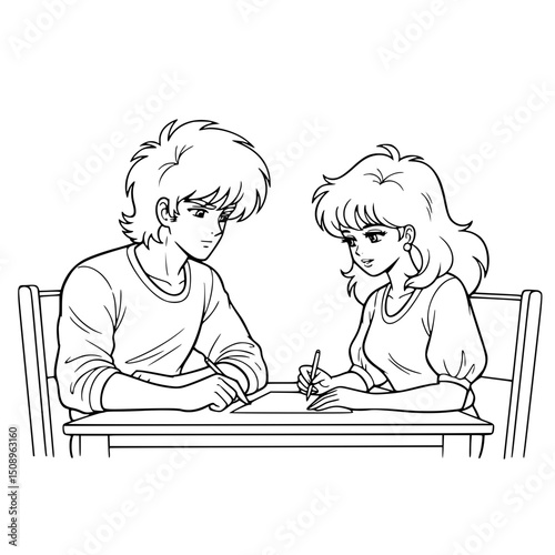 Teenagers studying together at a desk, for education and websites
