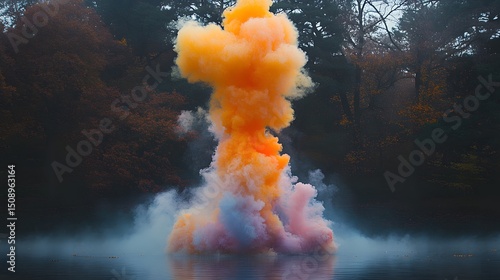 A vibrant orange and pastel cloud bursts from the water in this dramatic abstract composition. The scene evokes feelings of transformation and the power of nature's beauty and mystery.