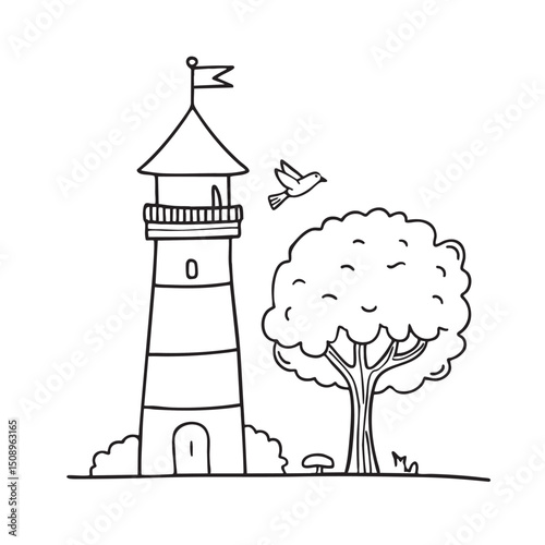 A tower close to a tree where a bird is perched