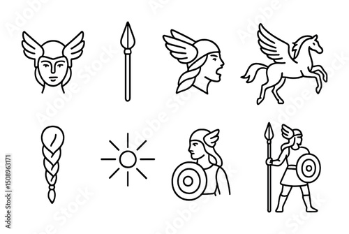 Mythical norse warrior and pegasus icons for design concepts