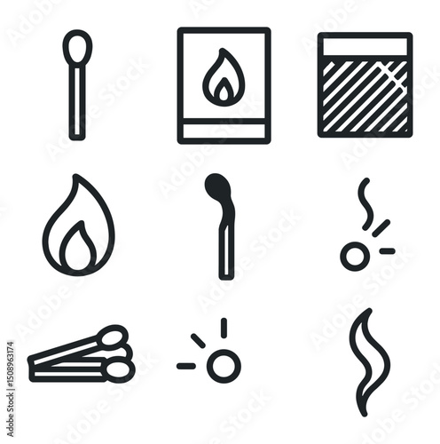 Matchstick Icon Set. Outline icon set of matchstick fire: match head, matchbox, strike surface, flame tip, ash stick, match pile,