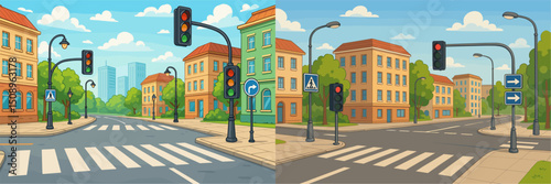 A vibrant urban landscape depicting two contrasting traffic scenes. Features traffic lights, a crosswalk, and buildings, creating a lively city environment perfect for transportation themes.