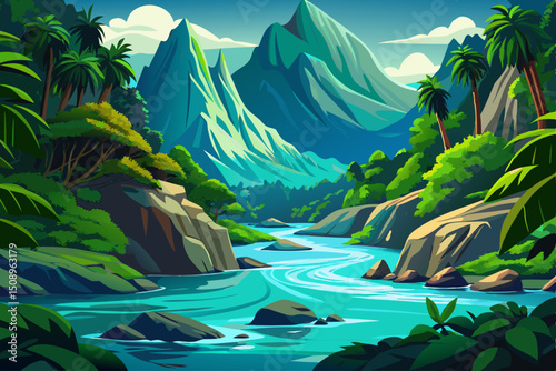 Summer morning on the river with fog vector. River located between forest and green fields illustration vector