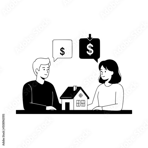 Couple discussing house purchase price, with copy space